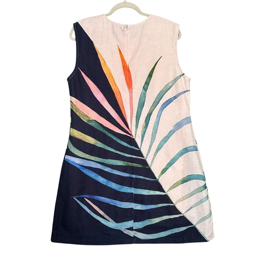 Conditions Apply Anthropologie Shift Dress Large Petite Palm Leaf Navy Pink - Picture 10 of 12